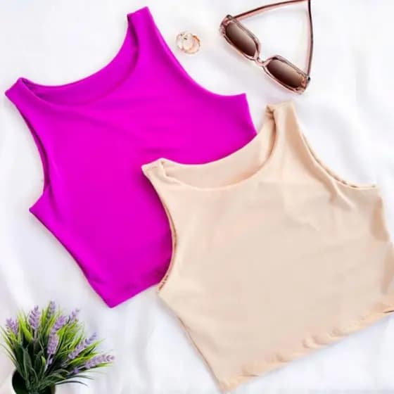 KIT 2 Cropped Feminino Estilo Regata Lisos Alça larga Viscolaycra Academia Top Faixa Sutiã Esportivo