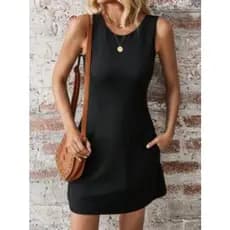 Vestido Femenino sem mangas com Bolso na Lateral decote redondo