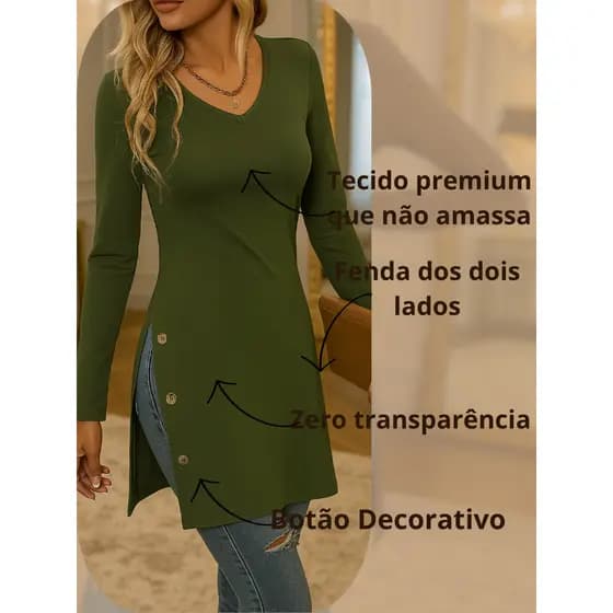 Vestido Blusão Manga Longa Gola V com Abertura Lateral e Botão Decorativo Primavera & Outono inverno