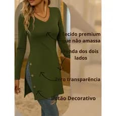 Vestido Blusão Manga Longa Gola V com Abertura Lateral e Botão Decorativo Primavera & Outono inverno