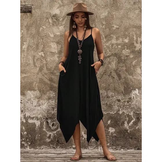 Vestido Midi Feminino com Alça Fina e Bainha Assimétrica com Bolso na Lateral festa babado com suspensório de lio