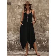 Vestido Midi Feminino com Alça Fina e Bainha Assimétrica com Bolso na Lateral festa babado com suspensório de lio