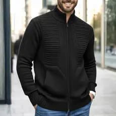 Blusa De Frio Jaqueta Masculina Preta Com Zíper E Bolso Lã Quentinha Tricot