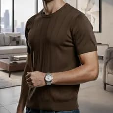 Camiseta Masculina Marrom Slim Fit Básica Lisa Tecido Premium Malha Tricot