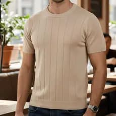 Camiseta Masculina Estilosa Gola Redonda Slim Malha Canelada Básica Tricot