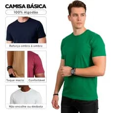 Camiseta Básica 100% Algodão Reforço Ombro a Ombro Masculina Lisa Modelagem Casual Unitário