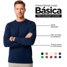 Camiseta Masculina Preta Manga Longa 100% Algodão Básica Confortável Toque Macio Respirável Casual Leve Unitário