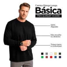 Camiseta Manga Longa 100% Algodão Masculina Slim Premium Com Punho Gola Redonda Trabalho Frio Manga Comprida Unitário