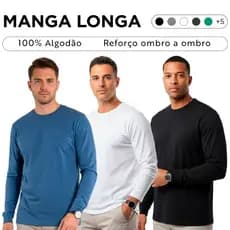 Kit 3 Camisetas Manga Longa Básica Lisa Masculina 100% Algodão Confortável Toque Macio Frio Manga Comprida