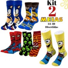 Kit 2 Pares de Meias Personalizadas Menino Herois Meia Algodão Cano Alto 34-39