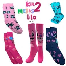Kit 2 Meias Divertidas Lilo Stitch Menina Meia Longa Fofinha Meias de Algodão 34-39