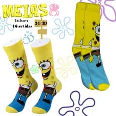 Par de Meias Personalizado Bob Esponja Meia Unissex Juvenil Adulto Cano Alto 34-39