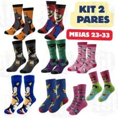 Kit 2 Pares de Meias Infantil 23-33 Meias Divertidas Personagens Algodão