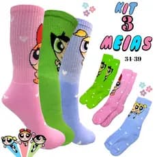 Kit 3 Pares Meias Divertidas Meia Meninas Super Poderosas Algodão Meia Cano Alto 34-39