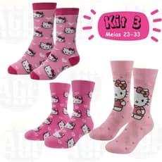 Kit 3 Pares de Meia Hello Kit Gatinha Meias Rosa Meninas Meia Infantil Algodão 23-33