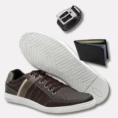 Sapatênis masculino casual confortável mais um cinto bicolor e uma carteira elegante