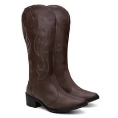 Bota Texana Feminina de Couro Super Resistente Macio e Confortável Lateral Bordada Cano Alto com Zíper em Estoque