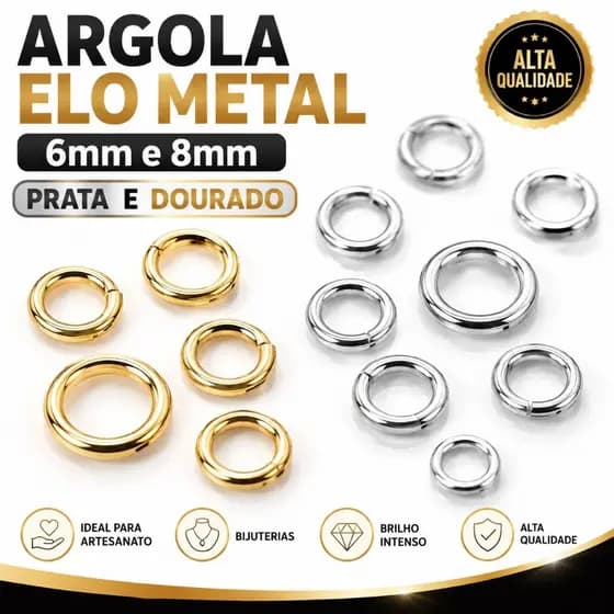 kit Argola Elo Metal Bijuterias Artesanato 6mm E 8mm - Prata E Dourado