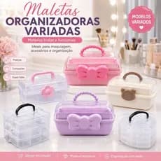 Maleta Organizadora Caixa Com Alça E Flor Rosa, Urso Marrom E Laço Rosa E Lilas