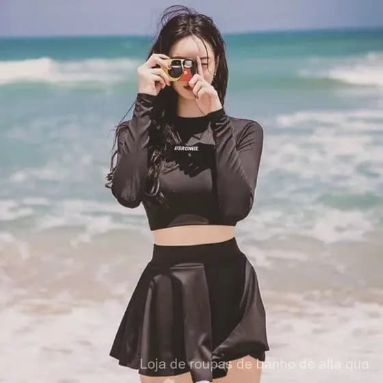 Maiô feminino de 2 peças, manga longa, top cropped, vestido de natação, shorts com estampa de letras, roupa de praia com