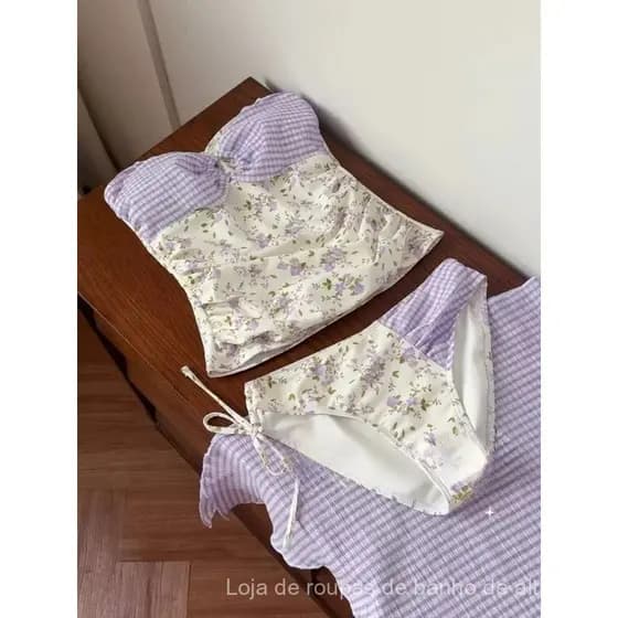 Conjunto de Biquíni de Três Peças Estilo Coreano com Alças, Estampa Floral, Moda Praia Feminina, Roupa de Banho para Fér
