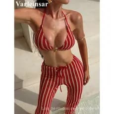 Biquíni feminino com calças e top listrado, conjunto de biquíni de três peças, roupa de banho feminina, biquíni brasilei