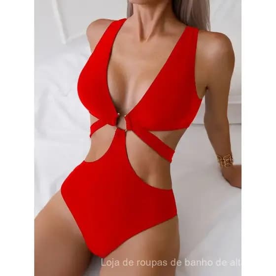 Maiô de Verão Cikini com Design Recortado e Decorações em Círculo, Roupa de Banho de Cor Sólida para Mulheres