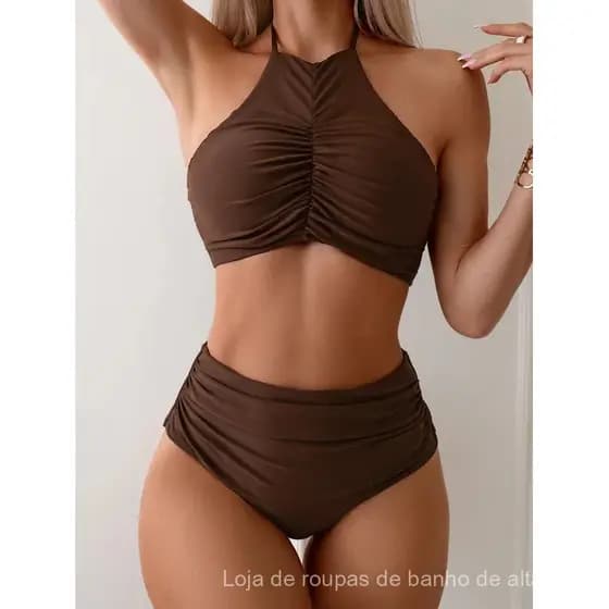 2026 Biquíni Feminino Halter Franzido de Gola Alta, Cintura Alta, Conjunto de Duas Peças, Roupa de Banho