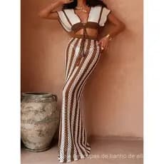Conjunto de 2 Peças de Crochê Listrado de Manga Curta, Saída de Praia, Shorts de Praia, Roupa de Praia Feminina K6704