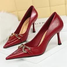 Sapatos de salto alto de 8cm para mulheres, salto agulha, bico fino, vinho tinto, salto médio, sapatos de escritório, co