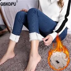 Calça jeans de lã de inverno super quente para mulheres, cintura alta, neve, forro de lã, calça jeans