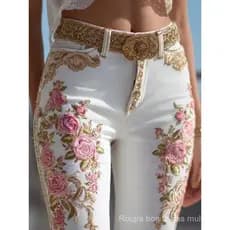 Calças Jeans Femininas Estilo Europeu-Americano com Estampa Floral, Corte Reto, Casual