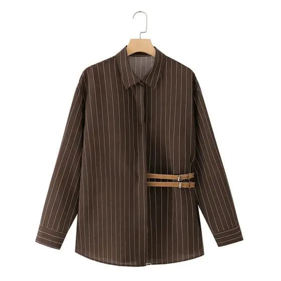 2026 nova blusa feminina versátil de corte slim com design de gola de manga longa e camisa com faixa de fivela