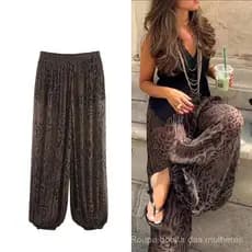 Calças Lanternas Casuais e Chiques para Mulheres, Calças Translúcidas com Estampa Animal Vintage, Moda Outono 2025, Stre