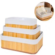 Kit 3 Cestos Organizador De Bambu Multiuso Com Forro Para Banheiro Guardar Objetos