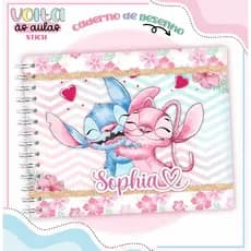 Caderno de Desenho OU Caderno Meia Pauta OU Caderno de Caligrafia STITCH ROSA FLORAL personalizado com Nome