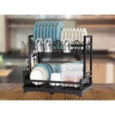 Escorredor de Louças Rack Preto 2 Andares Moderno Grande Suporte Pratos Bandeja