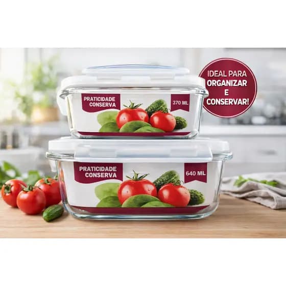 Kit Potes de Vidro Hermético 4 Travas Marmita Refratario de 370 ml e 640 ml.