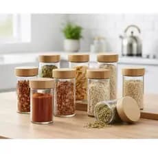 Kit Potes de Vidro Porta Temperos com Tampa de Bambu – Luxo, Organizador Cozinha – 120ml ou 90ml(Quadrado ou Redondo)