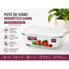 Kit 4 Potes de Vidro Hermético 640ml com Tampa Trava | Marmita Fitness | Freezer, Geladeira e Micro-ondas