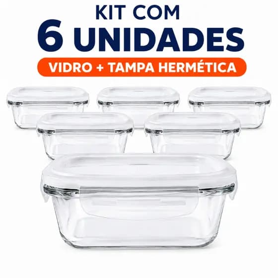 Kit 6 Potes de Vidro Hermético 640ml com Tampa Trava | Marmita Fitness | Freezer, Geladeira e Micro-ondas