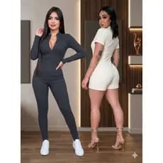 Kit Macacão e Macaquinho Feminino com Ziper Moda Gringa Virginia Feminina Manga Curta e Longa Suplex Liso Academia