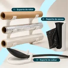 Kit organização de Cozinha - Suporte para Rolos, Porta Sacos e Descanso de Colher