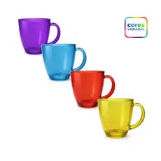 Jogo Kit 4 Canecas de Vidro 350ml Coloridas Verona Clink