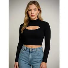 Cropped Top Feminino Com Recorte No Busto Gola Alta Manga Longa Moda Blogueira
