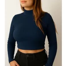 Cropped Manga Longa Gola Alta Canelado Moda Blogueira