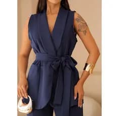 Colete Longo Alfaiataria Social Com Cinto Gola Xala Feminino Terninho Elegante Moda