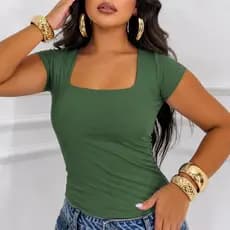 Blusa Suplex Feminina Decote Quadrado Manga Curta Justa