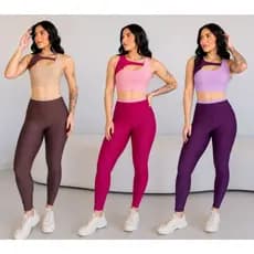 Conjunto calça e short top Fitness Feminino Bicolor Suplex Premium Cintura Alta Zero Transparência Academia