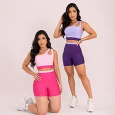Conjunto Fitness Feminino Bicolor Short Suplex Cintura Alta Não Transparente Academia Fitness Treino